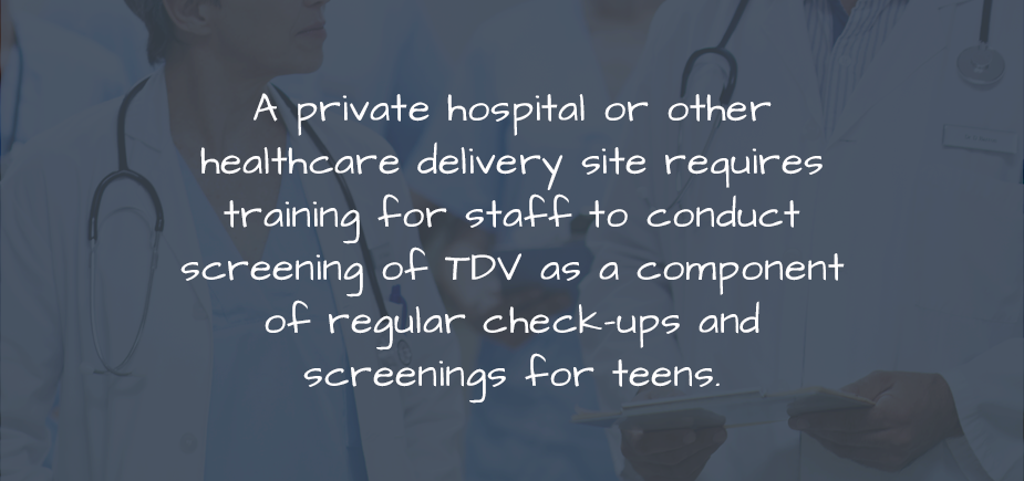 A private hospital or other healthcare delivery site requires training for staff to conduct screening of TDV as a component of regular check-ups and screenings for teens.