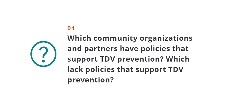 Which community organizations and partners have policies that support TDV prevention? Which lack policies that support TDV prevention?