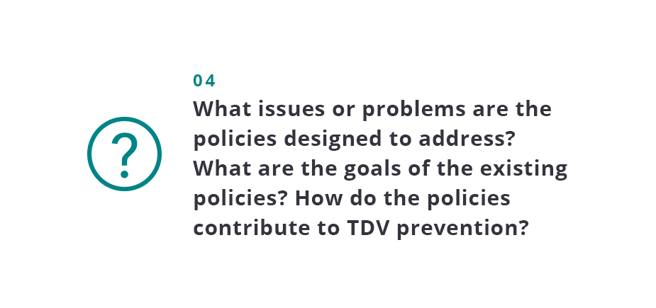 What issues or problems are the policies designed to address? What are the goals of the existing policies? How do the policies contribute to TDV prevention? 