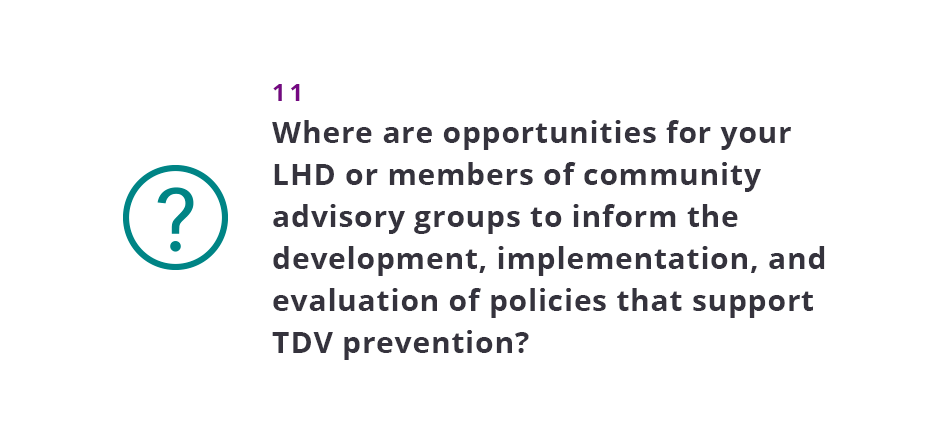 Where are opportunities for your LHD or members of community advisory groups to inform the development, implementation, and evaluation of policies that support TDV prevention?